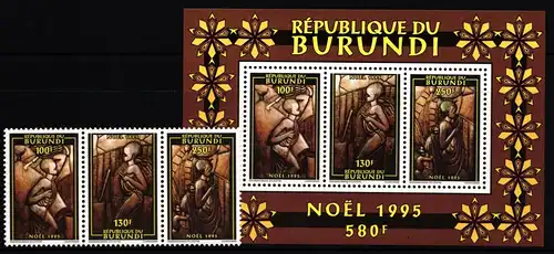 Burundi 1819-1821 und Block 138 postfrisch Dreierstreifen / Weihnachten #II384