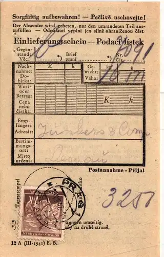Böhmen und Mähren 67 auf Paketeinlieferungsschein #IV963