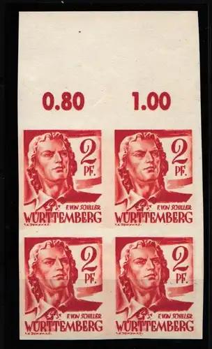 Französische Zone Württemberg 14 U gestempelt 4er Block ungezähnt #IV924