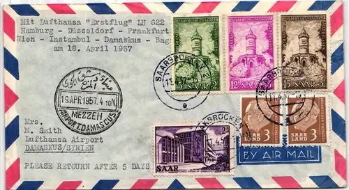 Saarland 320, 373/75, 382 auf Brief als Mischfrankatur Luftpost #IR777