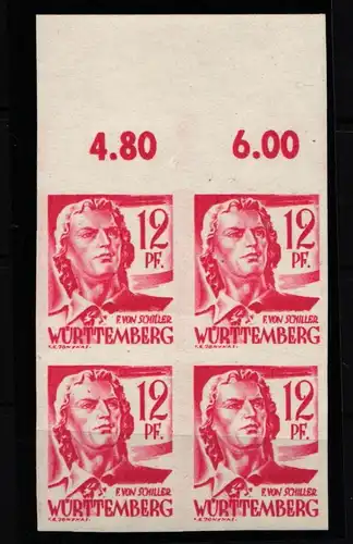 Französische Zone Württemberg 18 U gestempelt 4er Block ungezähnt #IV925