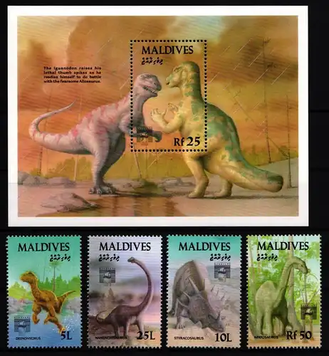 Malediven 1773-1775 und 1788 und Block 238 postfrisch Dinosaurier #II993