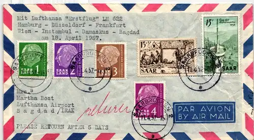 Saarland 369, 370, 380-383 auf Brief als Mischfrankatur Luftpost #IR776
