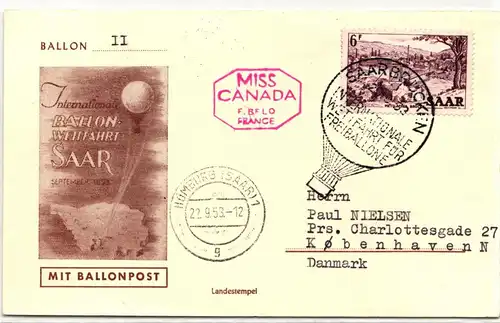 Saarland 324 auf Postkarte als Einzelfrankatur Ballonpost #IR760