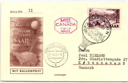 Saarland 324 auf Postkarte als Einzelfrankatur Ballonpost #IR760