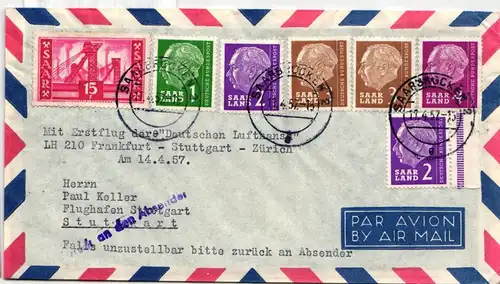 Saarland 329, 380/83 auf Brief als Mischfrankatur Luftpost #IR773