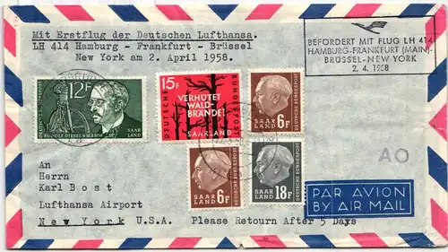 Saarland 412, 416, 431/32 auf Brief als Mischfrankatur Luftpost #IR785