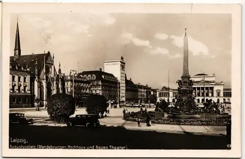 AK Leipzig Augustusplatz (Mendebrunnen, Hochhaus und Neues Theater) 1927 #PM793