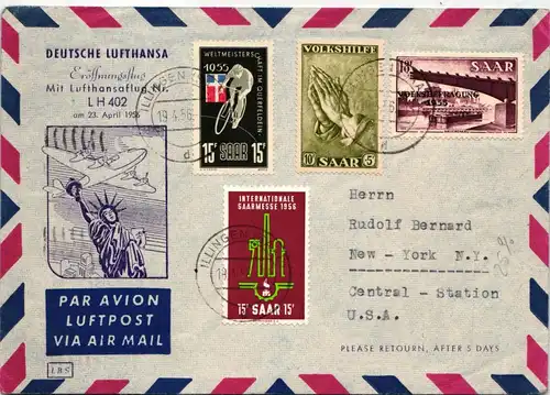 Saarland 357, 368-369. 366, auf Brief als Mischfrankatur Luftpost #IR765
