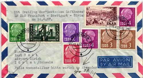 Saarland 319, 324, 380/83, 385 auf Brief als Mischfrankatur Luftpost #IR774