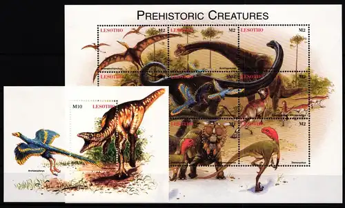 Lesotho 1348-1356 und Block 138 postfrisch Kleinbogen / Dinosaurier #II983