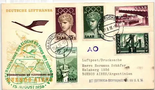 Saarland 319, 363, 369, 371/72 auf Brief als Mischfrankatur Luftpost #IR771