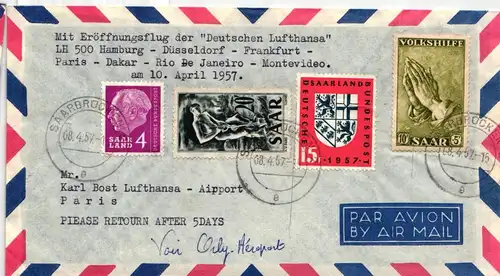 Saarland 283, 366, 379, 383 auf Brief als Mischfrankatur Luftpost #IR775