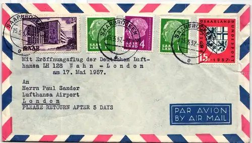 Saarland 320, 379-380, 383 auf Brief als Mischfrankatur Luftpost #IR781