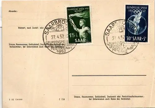 Saarland 314-315 auf Postkarte Gruppenspiel Deutsche Fußball Meister. #IR796