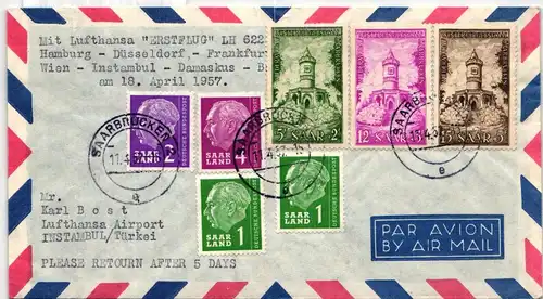 Saarland 373/75, 380/81, 383 auf Brief als Mischfrankatur Luftpost #IR778