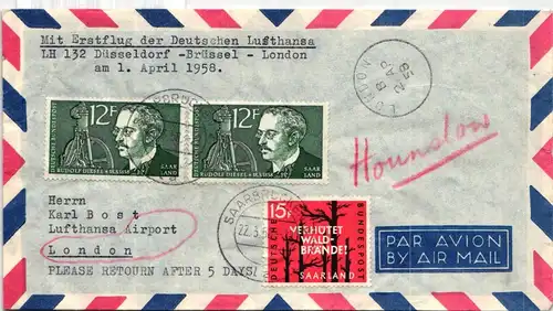 Saarland 431, 432 auf Brief als Mischfrankatur Luftpost #IR782