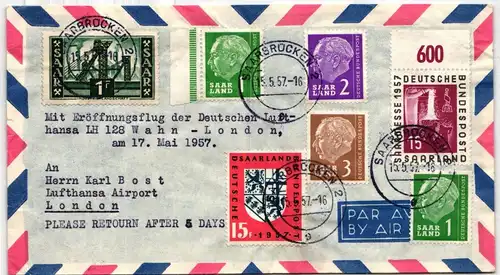 Saarland 319, 373, 380/82, 400 auf Brief als Mischfrankatur Luftpost #IR780