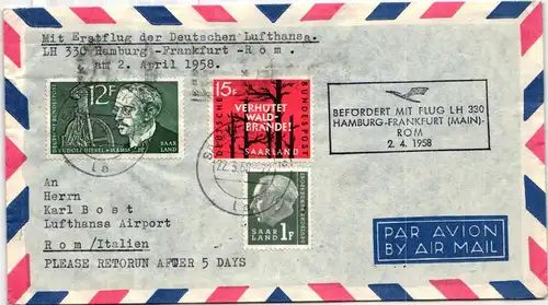 Saarland 409, 431-432 auf Brief als Mischfrankatur Luftpost #IR786