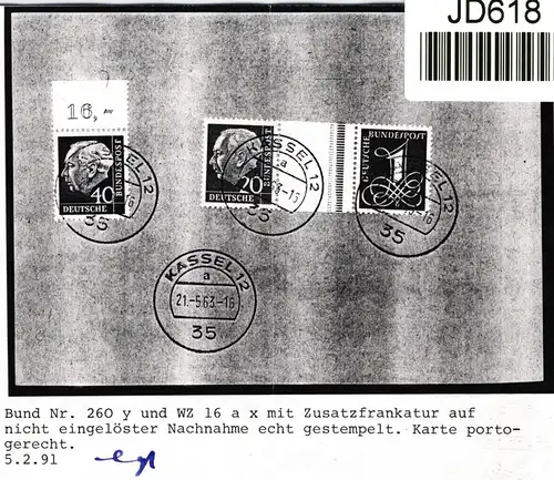 BRD Bund 260 y auf Nachnahmekarte, Attestkopie Schlegel BPP #JD618