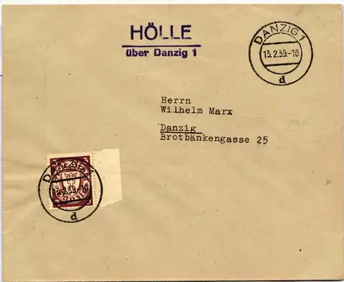 Danzig 216 auf Brief Landpoststempel Hölle #JD080