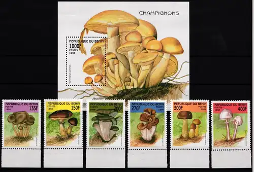 Benin 1003-1008 und Block 37 postfrisch Pilze #JA777