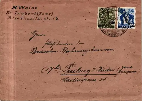 Saarland 229 I, 231 II auf Brief als Mischfrankatur portogerecht, Urdruck #JG035