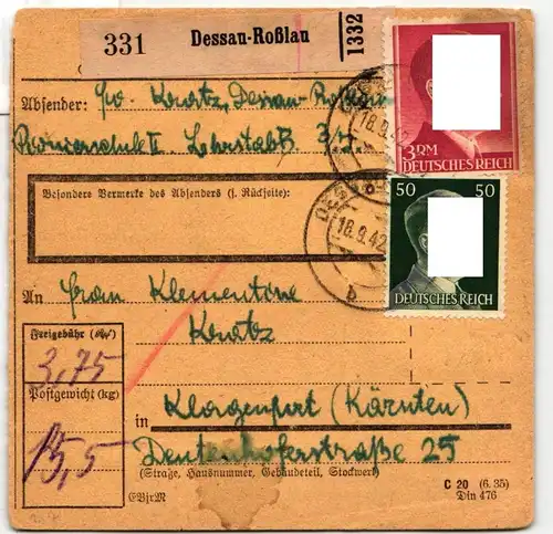 Deutsches Reich 801, 796, 793 auf Paketkarte #JF149