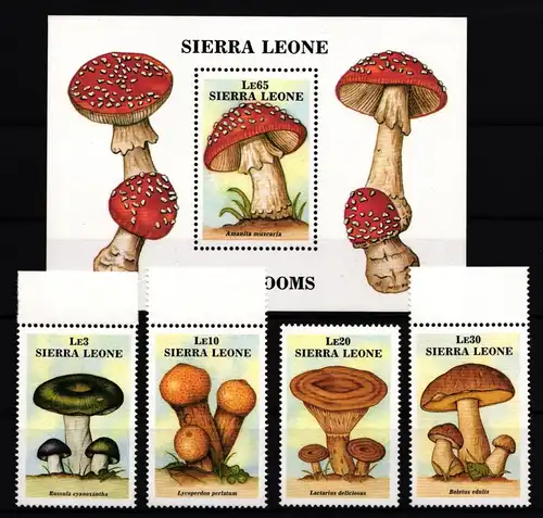 Sierra Leone 1076-1079 und Block 75 postfrisch Pilze #JA658