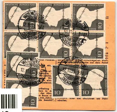 BRD Bund 165 auf Paketkarte 11x als Mehrfachfrankatur #JF291