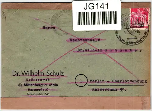 Berlin 61 auf Postkarte als Einzelfrankatur portogerecht, wiederverwendet #JG141