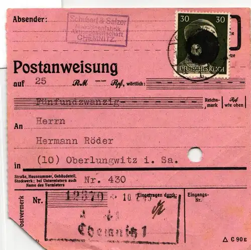 SBZ, Sächsische Schwärzungen auf Postanweisung #JG328