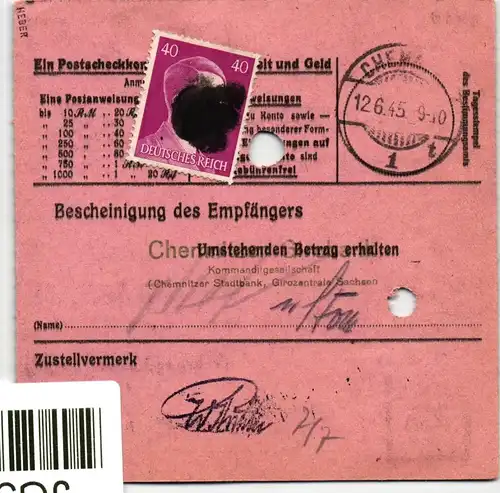 SBZ, Sächsische Schwärzungen auf Postanweisung, signiert Herber #JG334