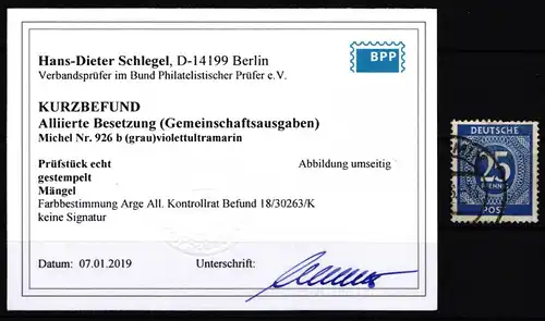 Alliierte Besetzung 926b gestempelt mit Kurzbefund Schlegel BPP #JM699