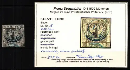 Baden 5 gestempelt N5 Nr.10 in blau "Beuggen", Kurzbefund Stegmüller #JN630