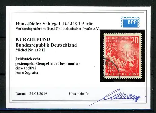 Bund Plattenfehler 112 II gestempelt Kurzbefund Schlegel #JO842