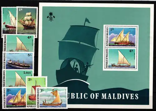 Malediven 756-763 und Block 49 postfrisch Schiffe #JH366