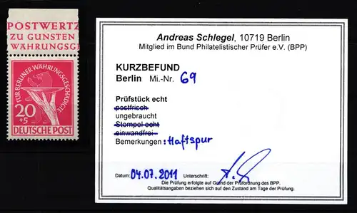 Berlin 69 postfrisch Kurzbefund Schlegel BPP #JL544