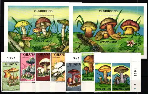 Ghana 1287-1294 und Block 145 und 146 postfrisch Pilze #JA881