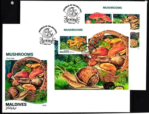 Malediven 7708-7711 und Block 1207 gestempelt Kleinbogen als FDC / Pilze #JA903