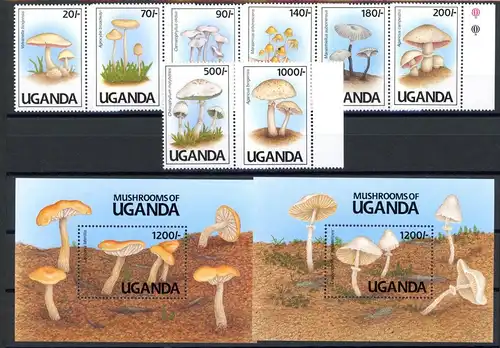 Uganda 950-957 + Bl. 146-147 postfrisch Pilze #JR650