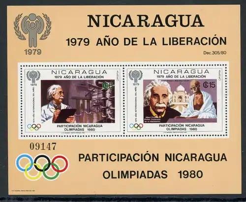 Nicaragua Block 113 postfrisch Olympia 1980 Lake Placid / Moskau #JR911