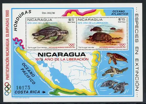 Nicaragua Block 114 postfrisch Olympia 1980 Lake Placid / Moskau #JR909