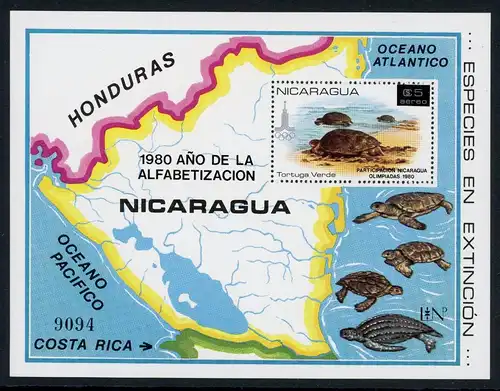 Nicaragua Block 136 postfrisch Olympia 1980 Lake Placid / Moskau #JR925