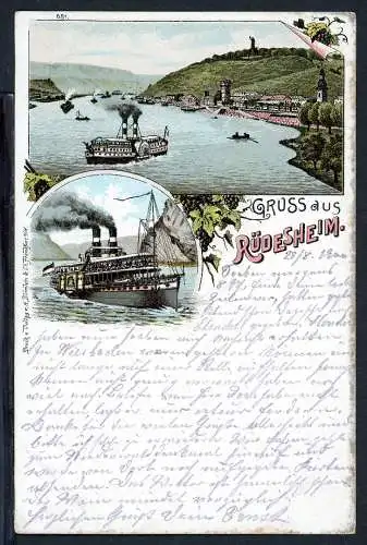 AK Rüdesheim/ Rheingau Stadtpanorama, Raddampfer 1900 #JS196