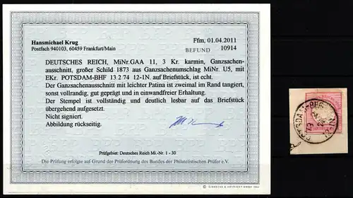 Deutsches Reich GAA 11 gestempelt auf Briefstück, Befund Krug BPP #JO337