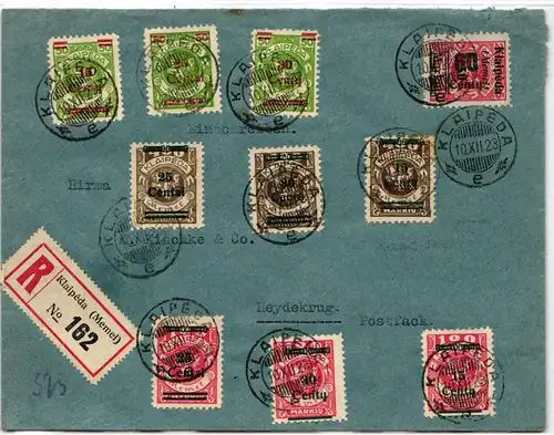 Memel 233 u.a. auf Brief mit Zusatzfrankatur nach Heydekrug, R-Brief #JM879