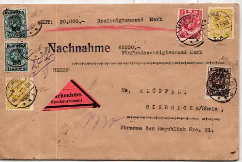 Memel 146 u.a. auf Brief mit ZuF auf NN-Wertbrief nach Biebrich a. Rhein #JM890