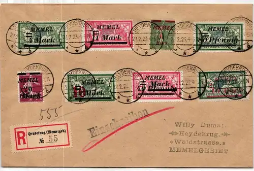 Memel 121 u.a. auf Brief mit ZuF auf philat. R-Brief nach HEYDEKRUG #JM898