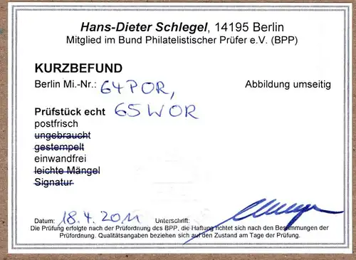 Berlin 64-67 OR postfrisch vom Oberrand, geprüft und Befund Schlegel BPP #JR328